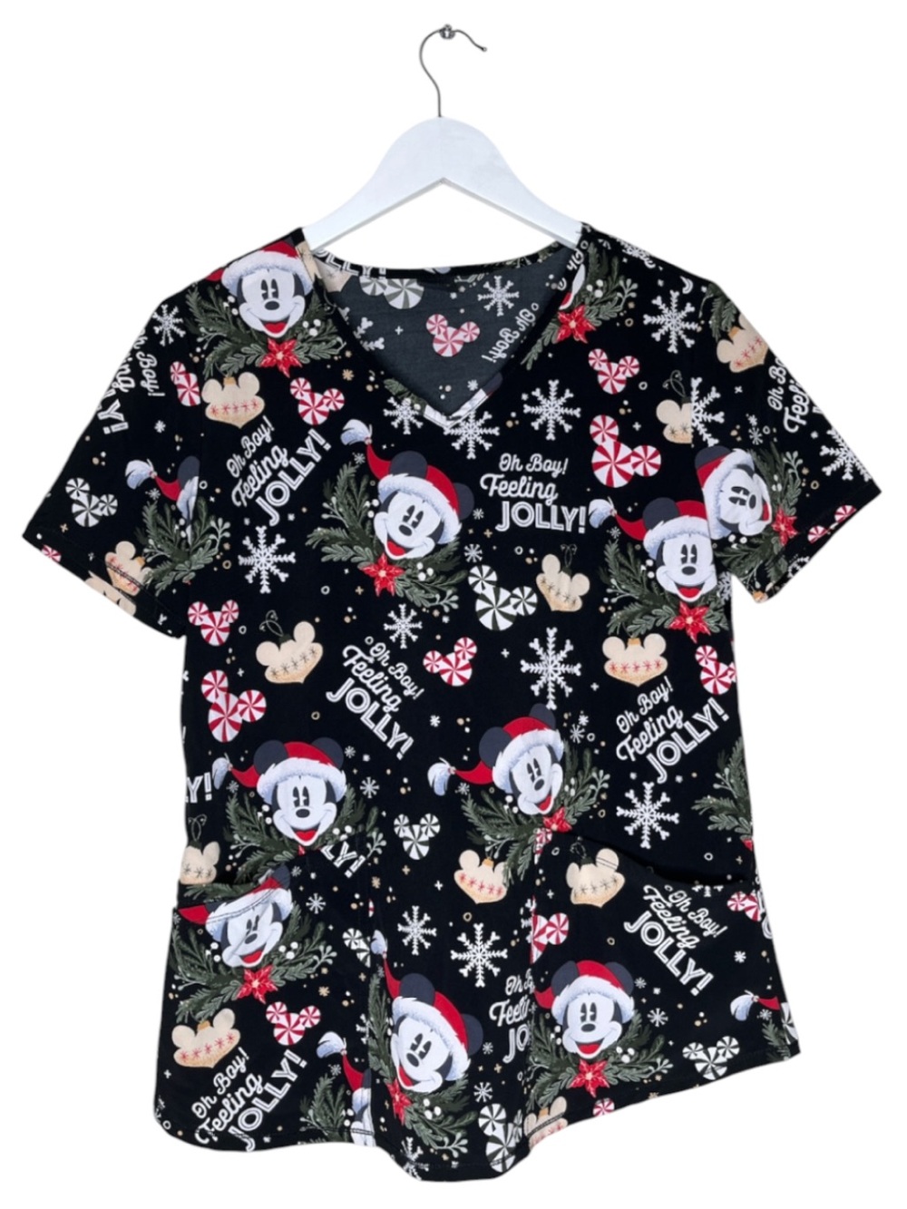 DISNEY Mickey Mouse Christmas Scrub Top Black Cap Sleeve Holiday Pockets Medium